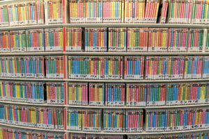 Amsterdam, The Netherlands- March 12, 2014: DVD section in Amsterdam's central library. It is the largest public library in Europe.