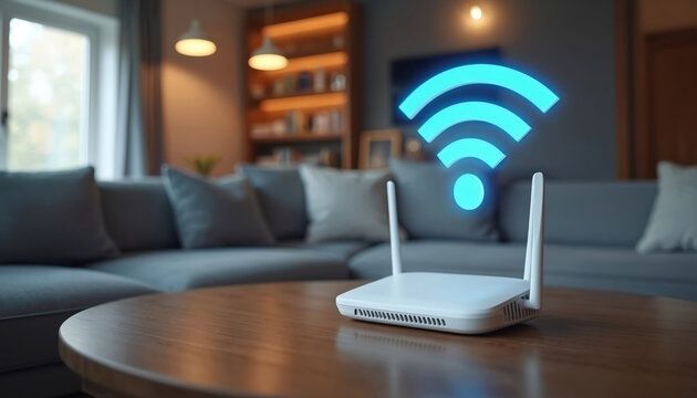 Valkoinen Wi-Fi-reititin olohuoneen pöydällä, taustalla Wi-Fi-symboli